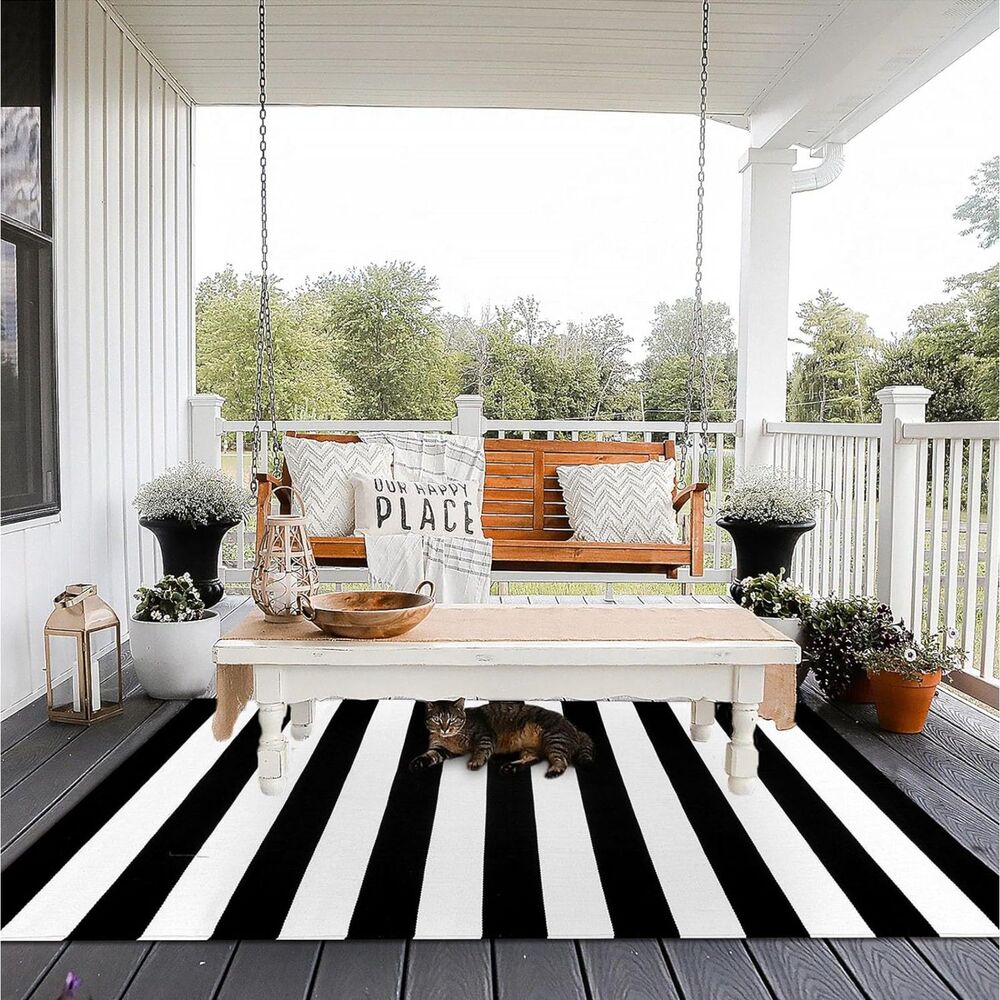 EARTHALL Black and White Striped Rug Indoor Outdoor 27.5" x 43" Cotton Washable